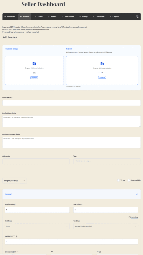Example of the product creation screen in the seller dashboard.