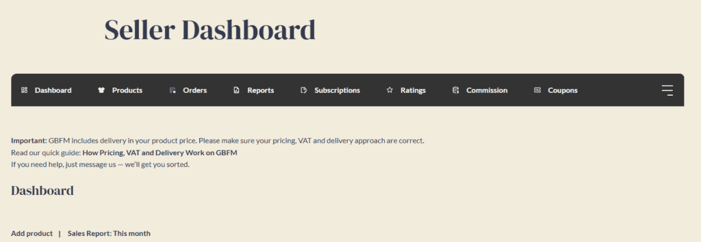 Seller dashboard showing core menu items for new sellers.