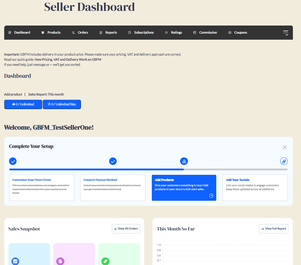 Seller profile edit page showing fields for shop name and details.