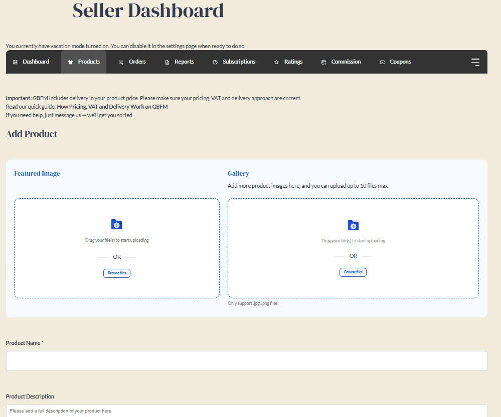 Product listing form showing title, images and price fields.
