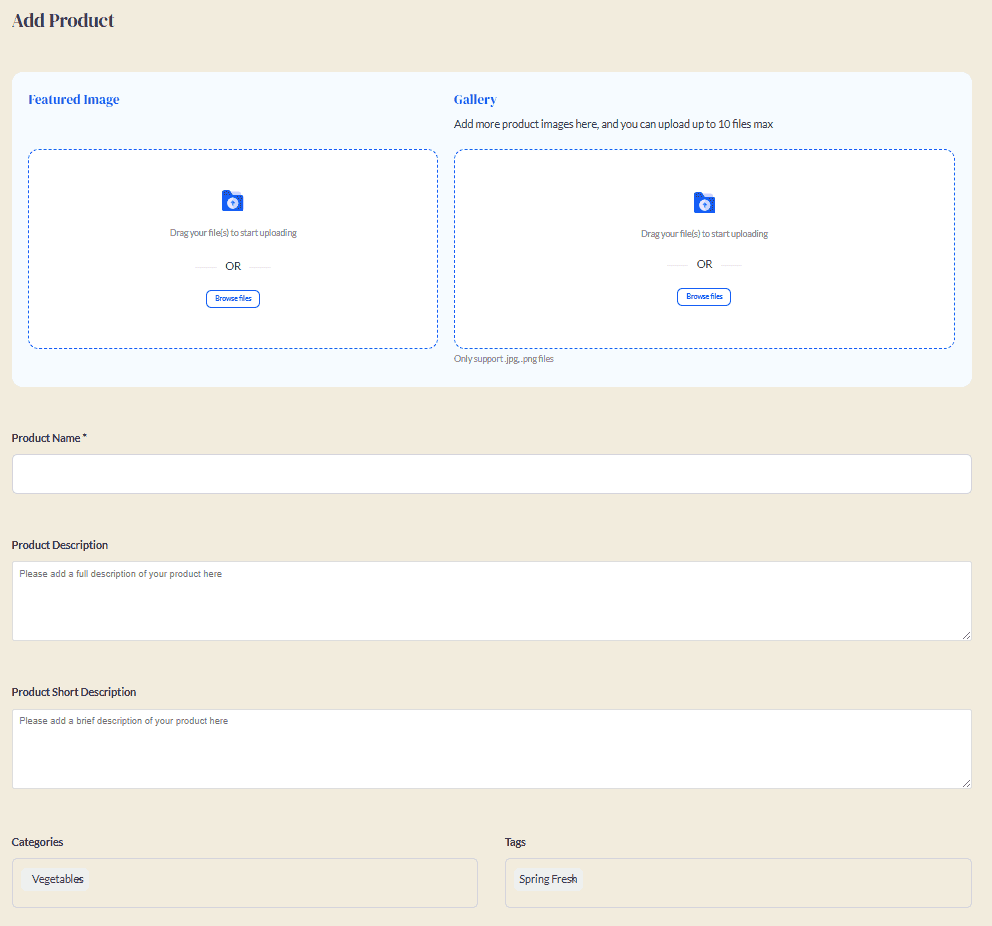 Product creation form with key fields.