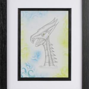 A hand drawn dragon on a blue and green background.